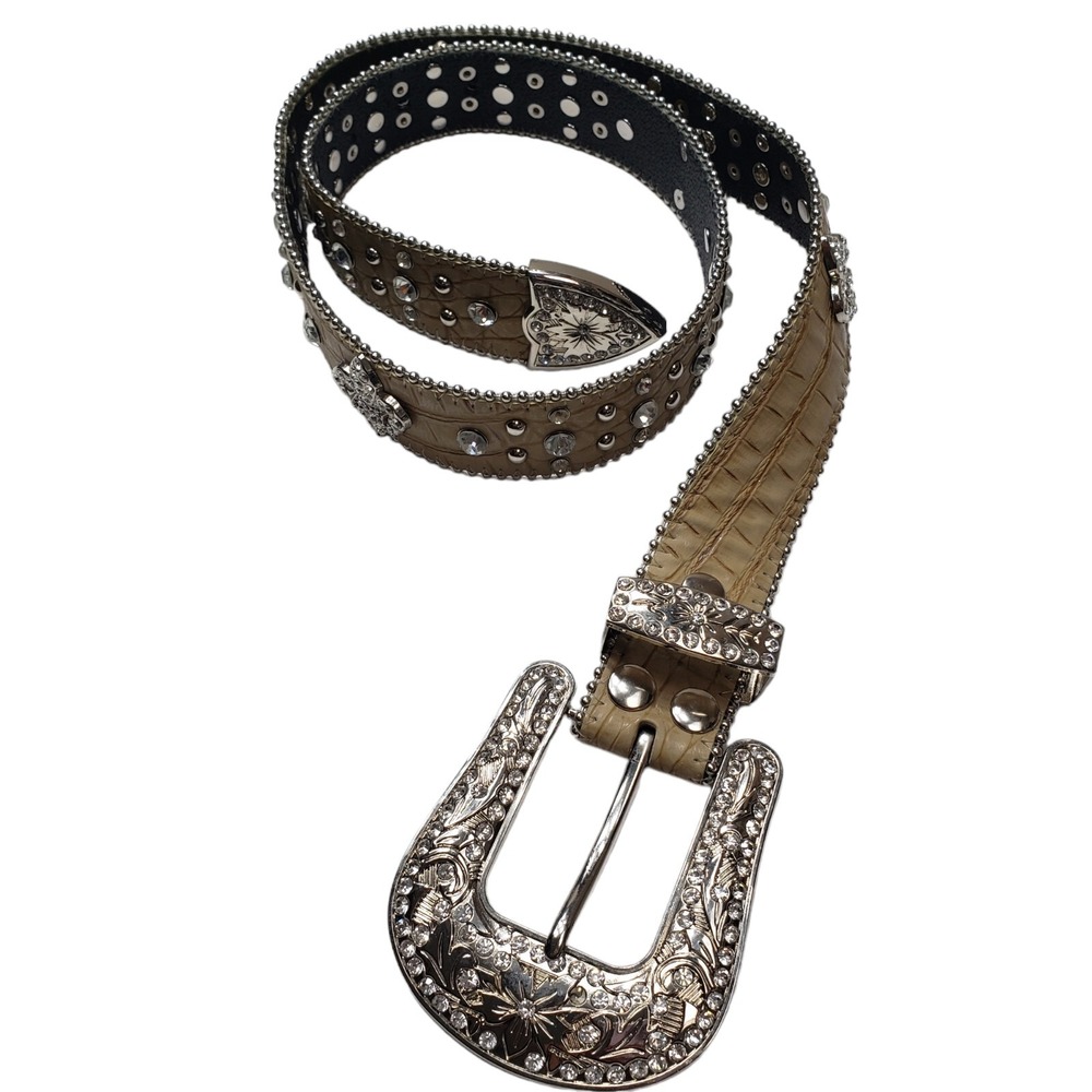 Genuine Leather Bling Western Belt Snakeskin Rhinestones Size Small Fleur-de-lis